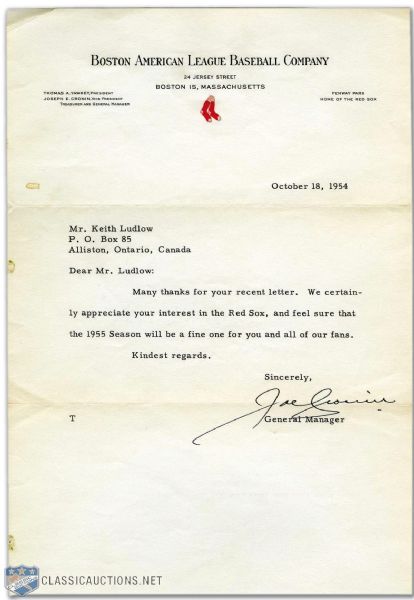 1954 Joe Cronin Personally Signed Letter on Red Sox Letterhead