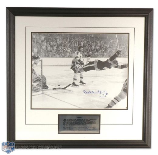 Bobby Orrs Autographed 1970 Stanley Cup Winning Goal Framed Photograph (27" x 29")