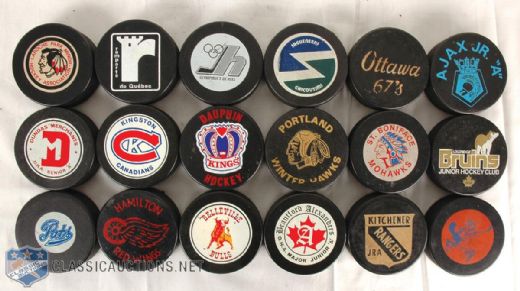 Vintage Junior And Minor League Hockey Pucks Collection of 18