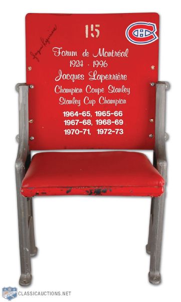 Jacques Laperriere Autographed and Personalized Montreal Forum Red Seat Collection of 2