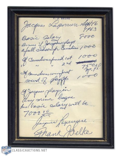 Jacques Laperriere’s Original Framed 1963-64 Rookie Season Contract