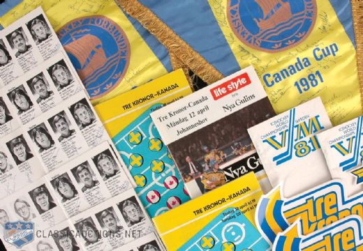 Dr. Ernie Lewis’ Team Sweden Canada Cup 1981 Team Autographed Media Guide and Pennant Collection of 8 (All Signed by Pelle Lindbergh)