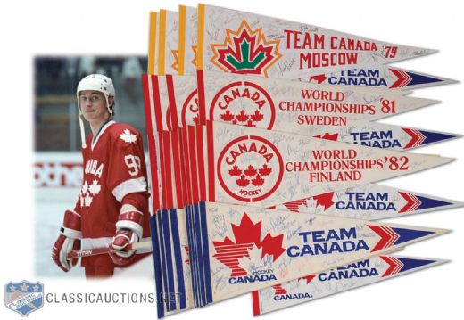 Dr. Ernie Lewis’ World Championships Team Canada Autographed Pennant Collection of 55 (Including 13 Gretzky 1982)