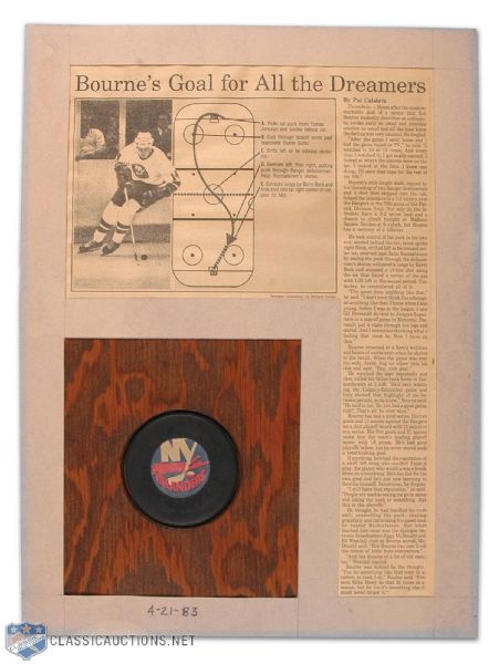 Bob Bourne’s Highlight Reel 1983 Playoff Goal Puck and Story Display Plaque