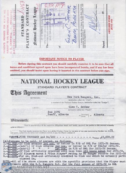 Original Glen Sather 1971 Standard Assignment Agreement and 1971-72 Standard Player’s Contract