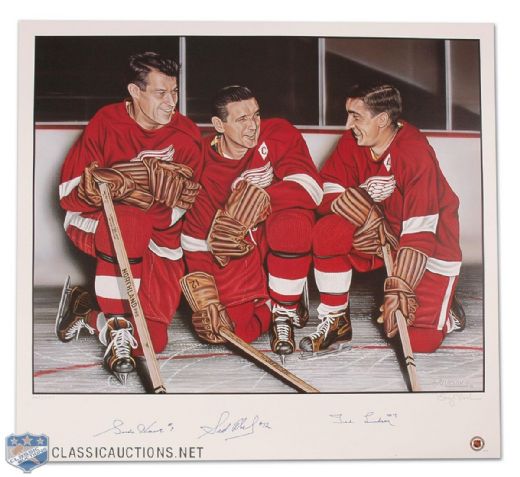 Detroit Red Wings Production Line Lithograph Autographed by Howe, Abel & Lindsay (27”x 29”)