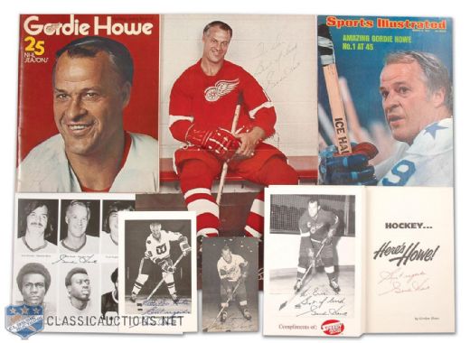 Original Autographed Gordie Howe Photo and Media Collection of 7
