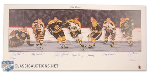 Boston Bruins Lithograph Autographed by 7 HOFers Including Orr (18”x 39”)
