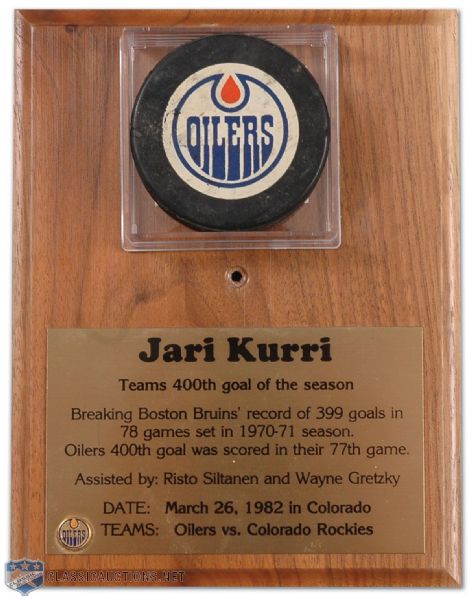 Original 1981-82 Edmonton Oilers Record-Breaking 400th Goal Puck Scored by Jari Kurri