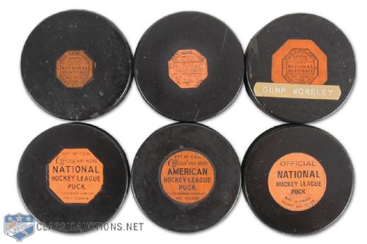 Vintage NHL Art Ross Tyer Game Puck Collection of 6