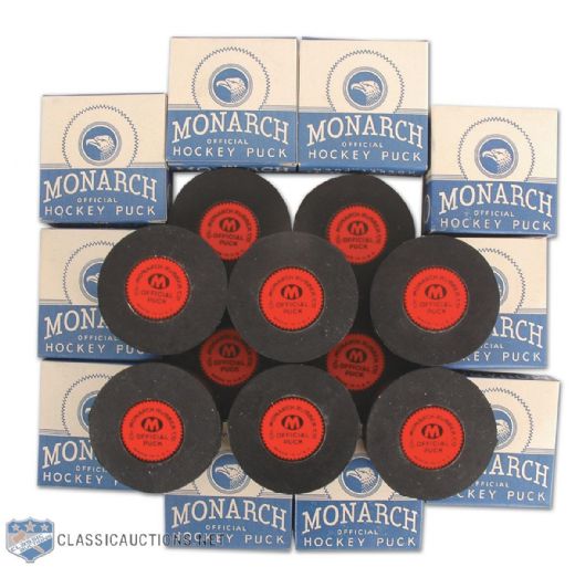 Vintage Monarch Hockey Puck in Box Collection of 10
