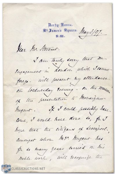 1897 Lord Stanley Handwritten Letter Signed “Derby”
