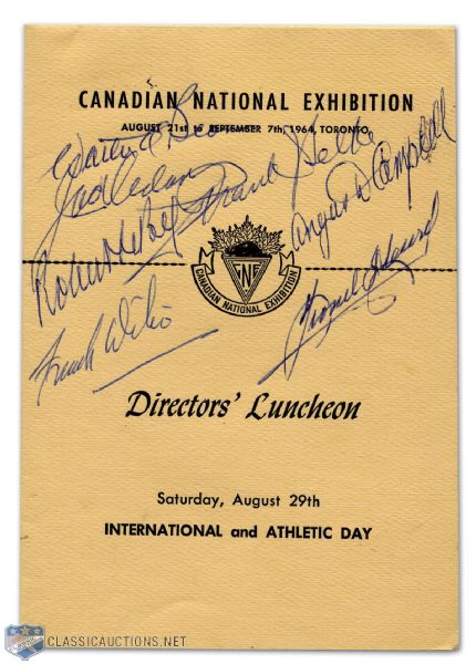 Autographed 1964 CNE Directors Luncheon Program Signed by Walter A. Brown, Jack Adams, Frank Selke, Angus Campbell, Frank Dilio, Robert Lebel and Lionel Heward 