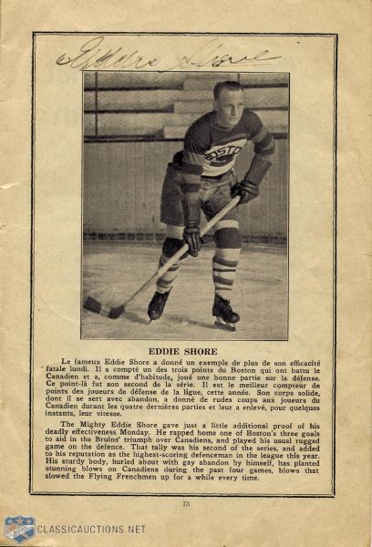 1931 Montreal Canadiens Program Signed by Eddie Shore and Cecil Hart