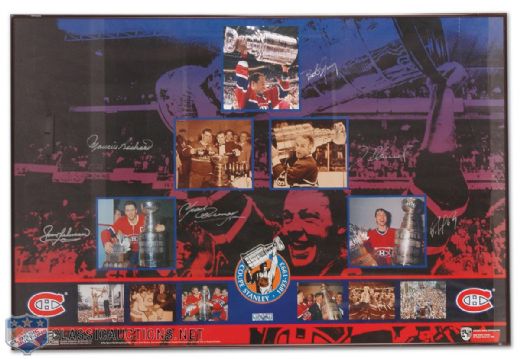 Framed Original Montreal Canadiens Stanley Cup 100th Anniversary Poster Autographed by Maurice and Henri Richard, Beliveau, Cournoyer, Gainey and Roy 