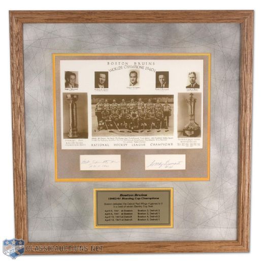 Framed 1940-41 Stanley Cup Champion Boston Bruins Photo Tribute With Schmidt and Dumart Autographs