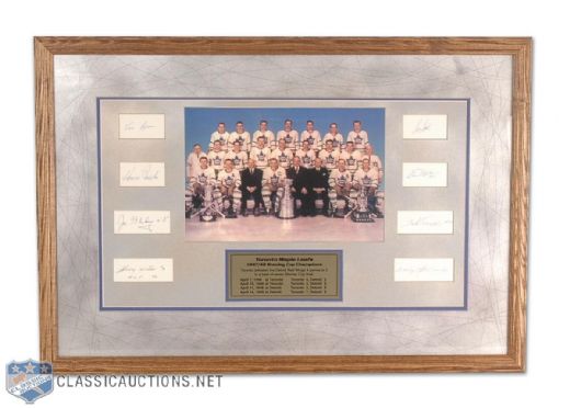 Framed 1947-48 Stanley Cup Champion Toronto Maple Leafs Photo Tribute With 8 Autographs, Including Kennedy and Klukay