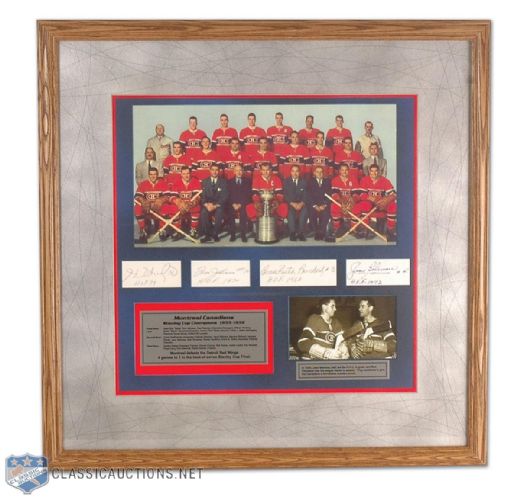 Framed 1955-56 Stanley Cup Champion Montreal Canadiens Photo Tribute With 4 Autographs, Including Beliveau and Johnson