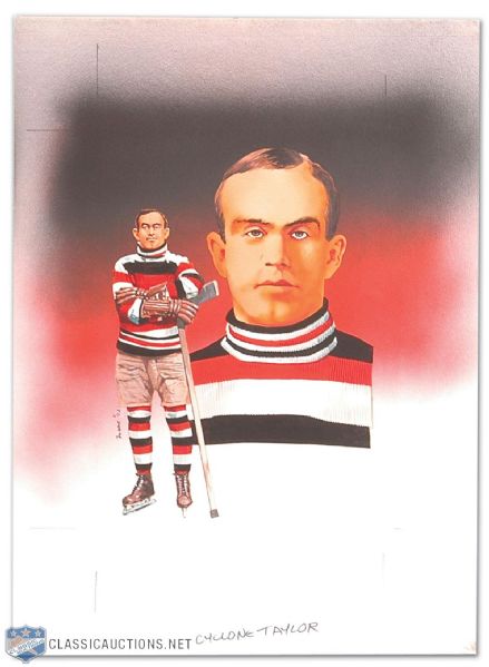 Four Original Paintings by Carleton “Mac” McDiarmid of Ottawa  Legends Taylor, Broadbent, Clancy and Smith for Hockey Hall of Fame Postcard Series 