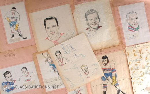 1950-51 Montreal Canadiens Signed Album Pages w/Bill Durnan and Original Art by Carleton McDiarmid 