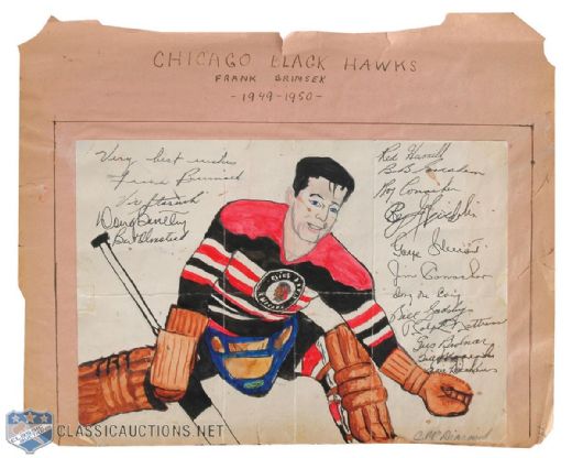 1949-50 Chicago Black Hawks Signed Album Page with Original Art by Carleton McDiarmid 