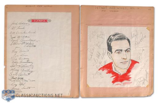 1940-50s Detroit Red Wings Signed Album Pages w/Howe and Original Art by Carleton McDiarmid 