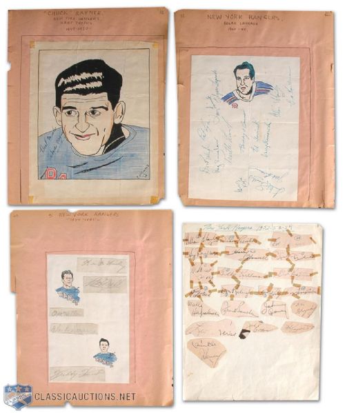 1950s New York Rangers Signed Album Pages with Original Art by Carleton McDiarmid 