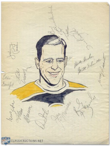 1950s Boston Bruins Autographed Album Pages with Original Art by Carleton McDiarmid  