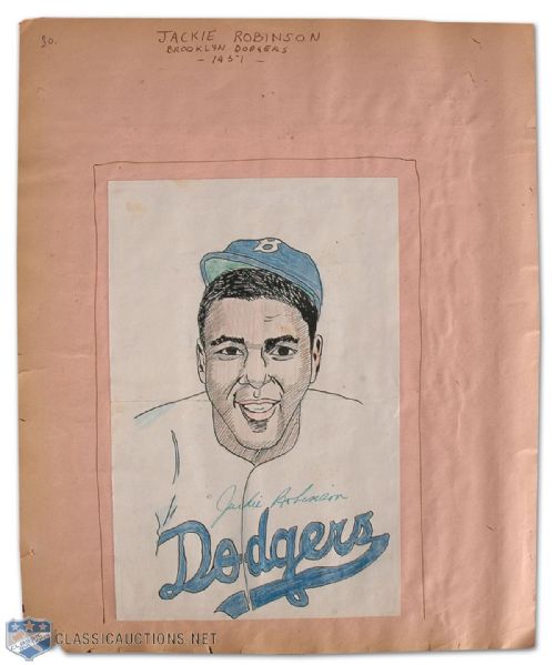 1951 Jackie Robinson Brooklyn Dodgers Signed Album Page with Original Art by Carleton McDiarmid 