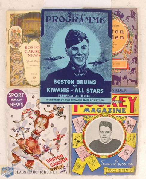 1929 – 1949 Boston Bruins Game Program Collection of 5 with Art Ross Autograph