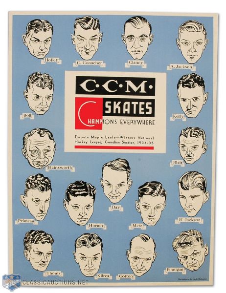 Original 1935 CCM Skates Toronto Maple Leafs Caricature Display