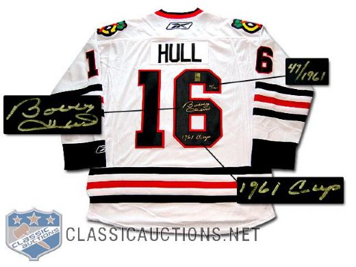 BOBBY HULL AUTOGRAPHED CHICAGO BLACK HAWKS "1961 Cup" LTD WHITE REEBOK PREMIER JERSEY