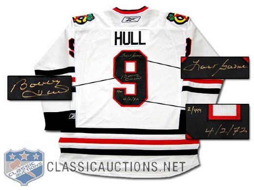 BOBBY HULL AUTOGRAPHED CHICAGO BLACK HAWKS "LAST GAME" DATED LTD WHITE REEBOK PREMIER JERSEY