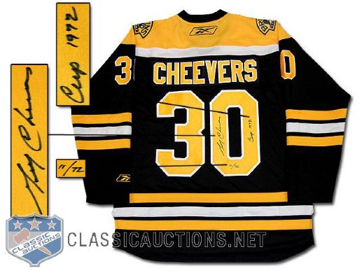 GERRY CHEEVERS AUTOGRAPHED BOSTON BRUINS "1972 CUP" LIMITED REEBOK PREMIER HOME MODEL JERSEY