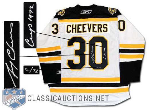 GERRY CHEEVERS AUTOGRAPHED BOSTON BRUINS "1972 CUP" LIMITED REEBOK PREMIER AWAY MODEL JERSEY