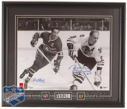 JEAN BELIVEAU & BOBBY HULL DUAL AUTOGRAPHED BLACK & WHITE ACTION CUSTOM FRAMED 16X20 LIMITED EDITION #5/444 PHOTOGRAPH