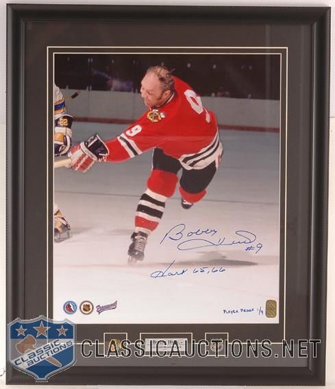 BOBBY HULL AUTOGRAPHED CHICAGO "HART 65/66" LIMITED PLAYER PROOF #1/9  CUSTOM FRAMED 16X20 PHOTOGRAPH