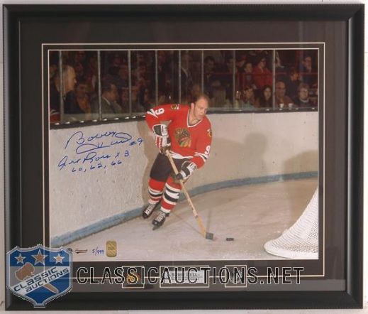 BOBBY HULL AUTOGRAPHED CHICAGO "ART ROSS X3" LIMITED EDITION CUSTOM FRAMED 16X20 PHOTOGRAPH