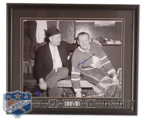 JOHNNY BOWER AUTOGRAPHED TORONTO MAPLE LEAFS SITTING WITH PUNCH IMLACH LIMITED EDITION CUSTOM FRAMED 16X20 PHOTOGRAPH