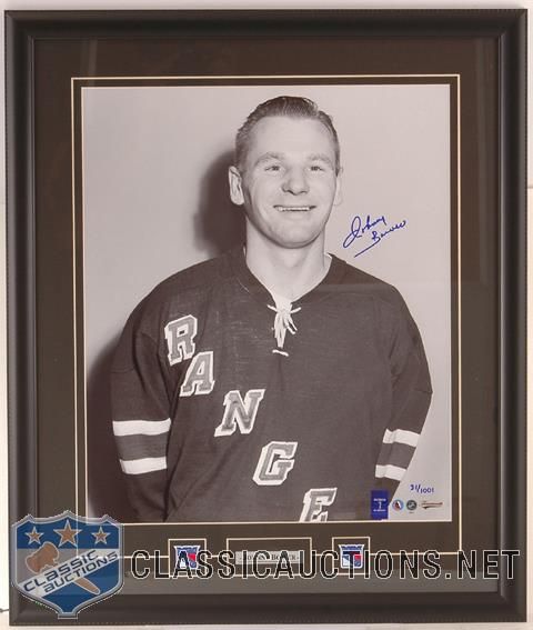 JOHNNY BOWER AUTOGRAPHED NEW YORK RANGERS CLOSE-UP LIMITED EDITION CUSTOM FRAMED 16X20 PHOTOGRAPH