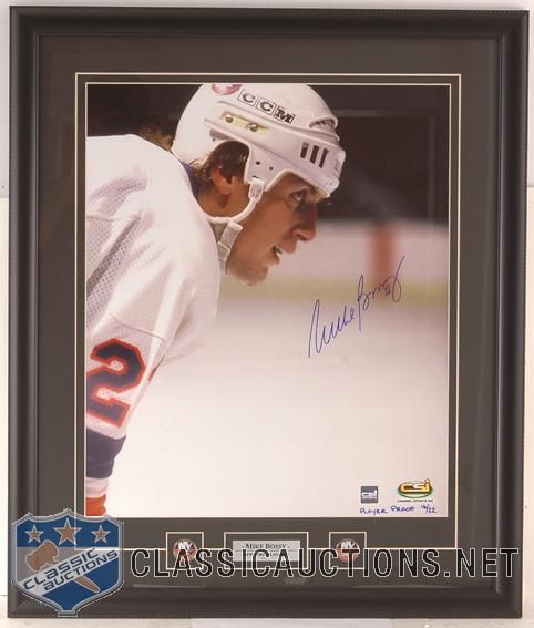 MIKE BOSSY AUTOGRAPHED NEW YORK ISLANDERS CLOSE-UP LIMITED EDITION CUSTOM FRAMED 16X20 PHOTOGRAPH