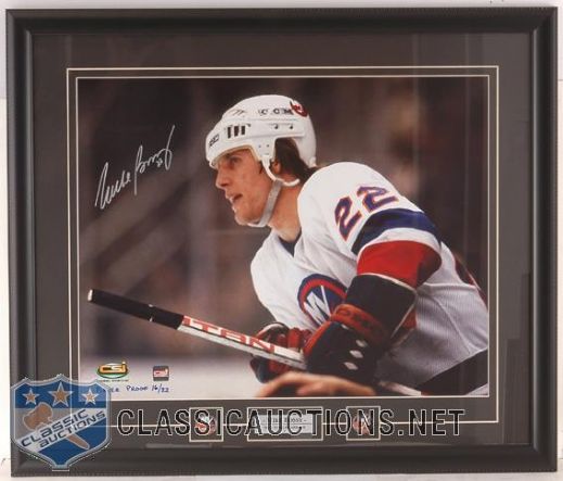 MIKE BOSSY AUTOGRAPHED NEW YORK ISLANDERS WATCHING THE PLAY LIMITED EDITION CUSTOM FRAMED 16X20 PHOTOGRAPH
