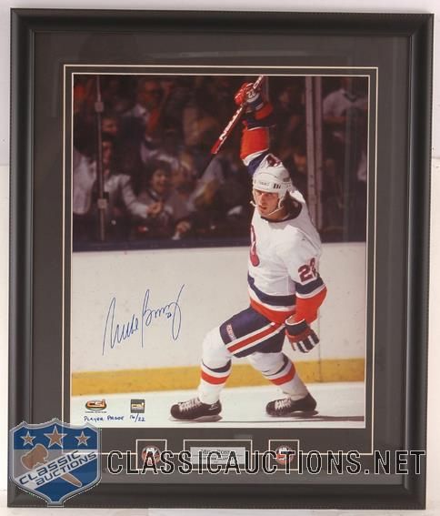 MIKE BOSSY AUTOGRAPHED NEW YORK ISLANDERS CELEBRATION LIMITED EDITION CUSTOM FRAMED 16X20 PHOTOGRAPH