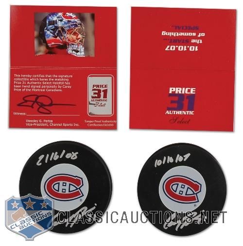 2 Carey Price Autographed Montreal Canadiens Limited Edition 1st Game & 1st Shutout Dated Pucks