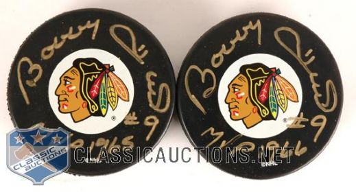 2 Bobby Hull Autographed Chicago MVP 65 & MVP 66 Limited Edition Pucks