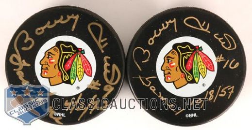 2 Bobby Hull Autographed Chicago 1st Game & Last Game Limited Edition Pucks