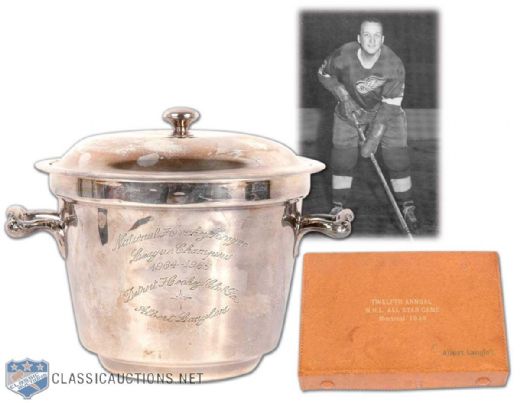 Albert Langlois 1964-65 Detroit Red Wings NHL Champions Silver Ice Bucket and Personalized 1958 All-Star Game Jewellery Box