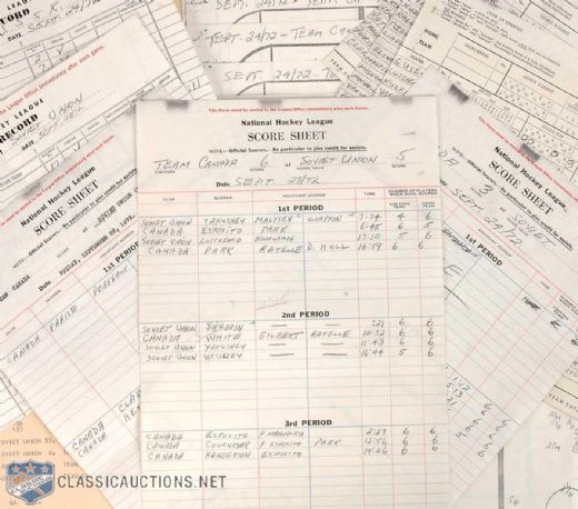 1972 Canada-U.S.S.R. Summit Series Moscow Official Game Statistics Sheet Collection of 21, Including Game 8 Scoresheet