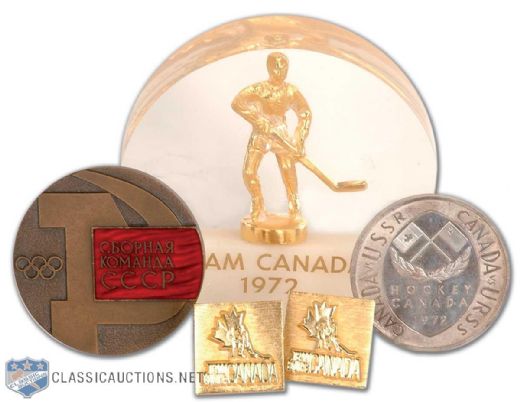 John Fergusons 1972 Team Canada  Cuff Links, Rare Canada-U.S.S.R. Series Paperweight and Medallion Collection of 4