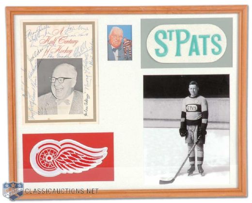 Jack Adams Framed Montage Featuring Program Signed by Adams, Smythe, Lalonde, Selke and Other Hockey Legends